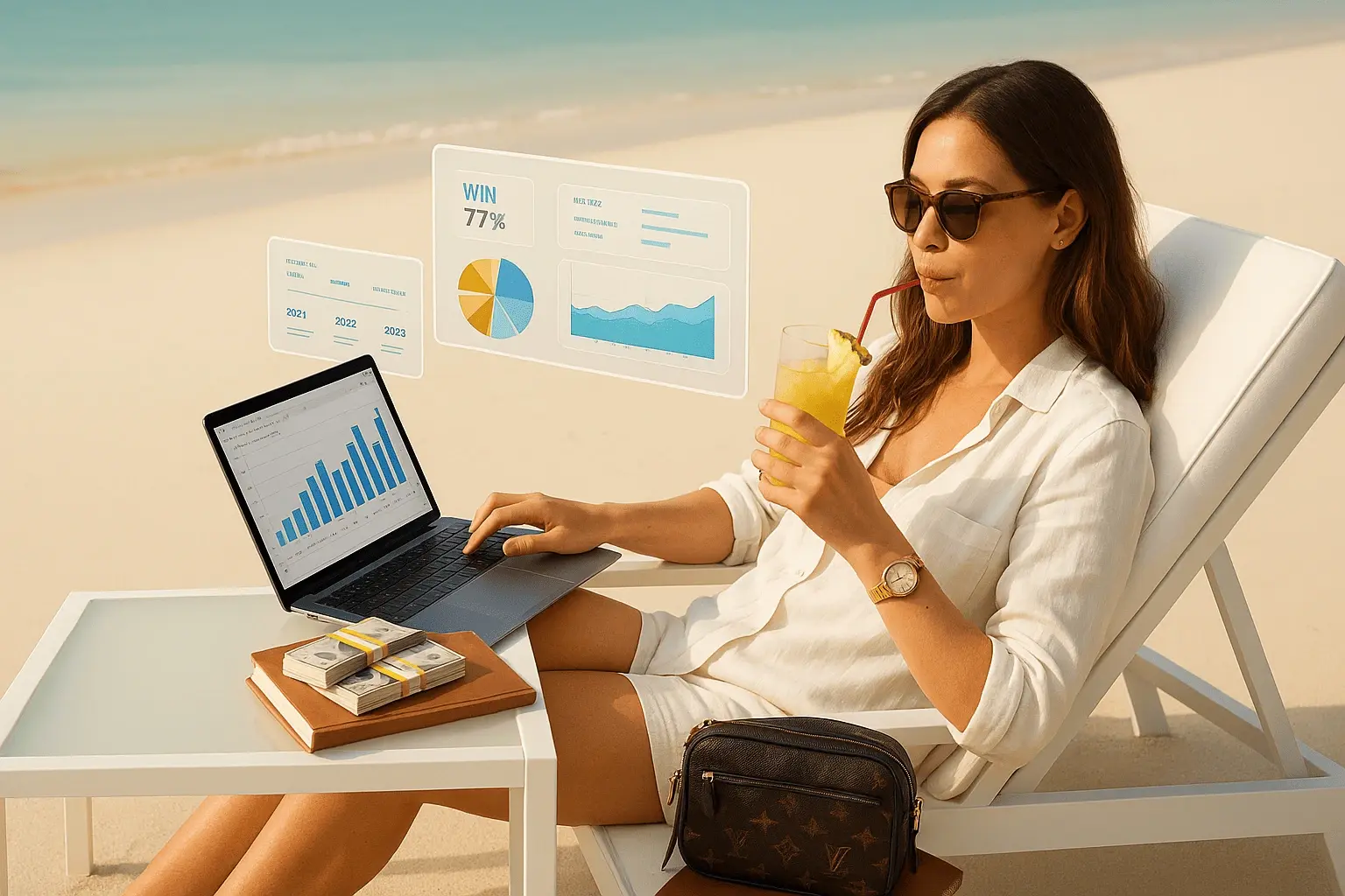 Femme travaillant sur un ordinateur portable en bord de mer.
