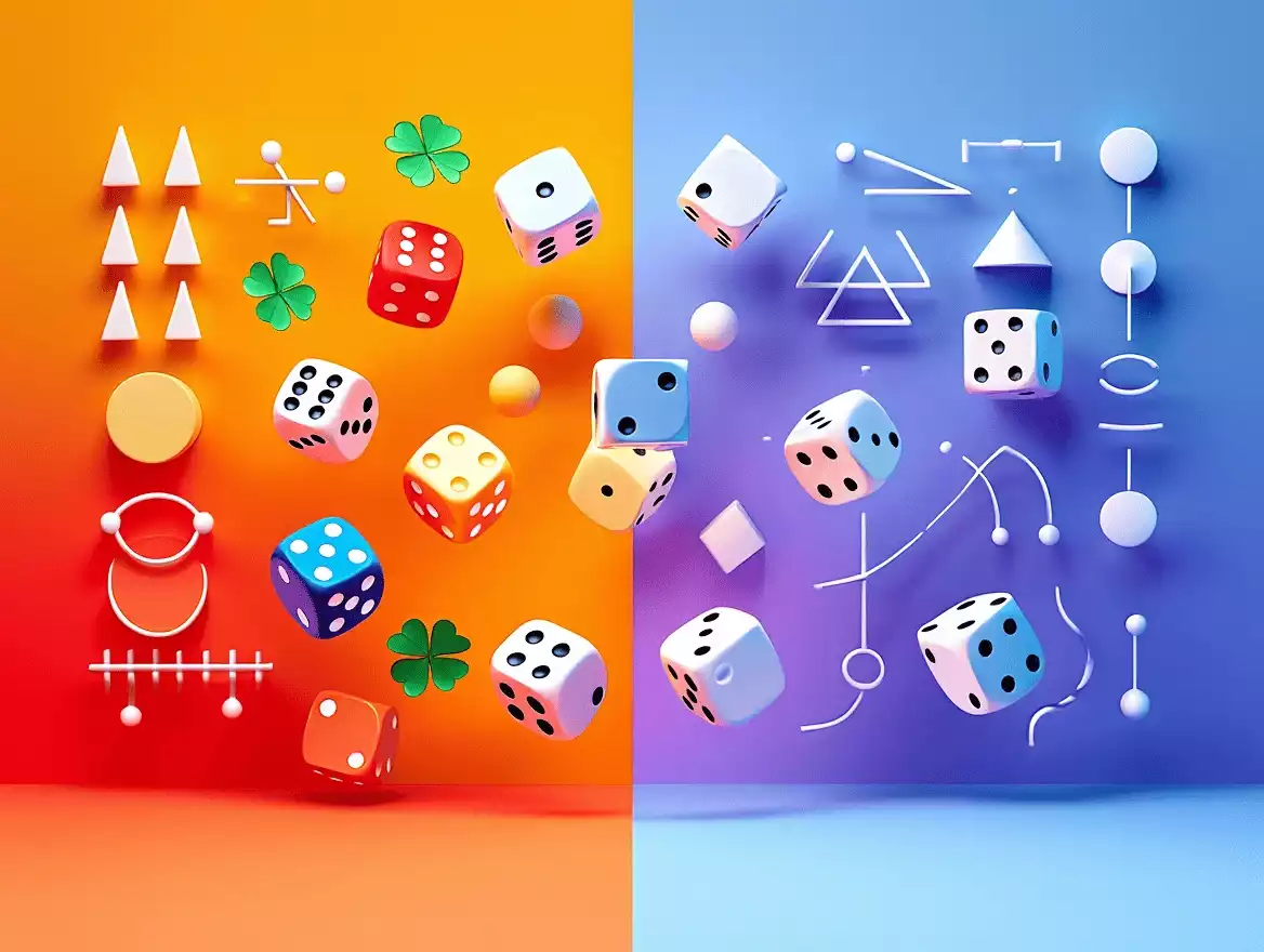 Représentation visuelle du hasard face à la stratégie, avec des dés et symboles mathématiques colorés sur fond contrasté orange et bleu