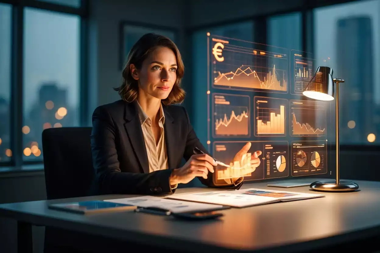 Femme élégante assise à son bureau planifiant la gestion de ses gains EuroMillions, avec des graphiques financiers flottants autour d’elle.