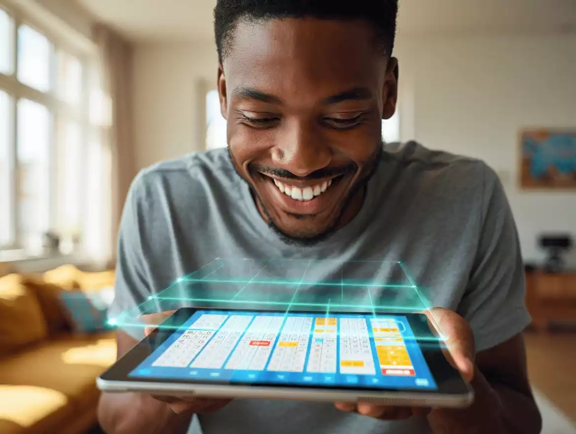 Jeune homme consultant une grille interactive de numéros sur tablette.