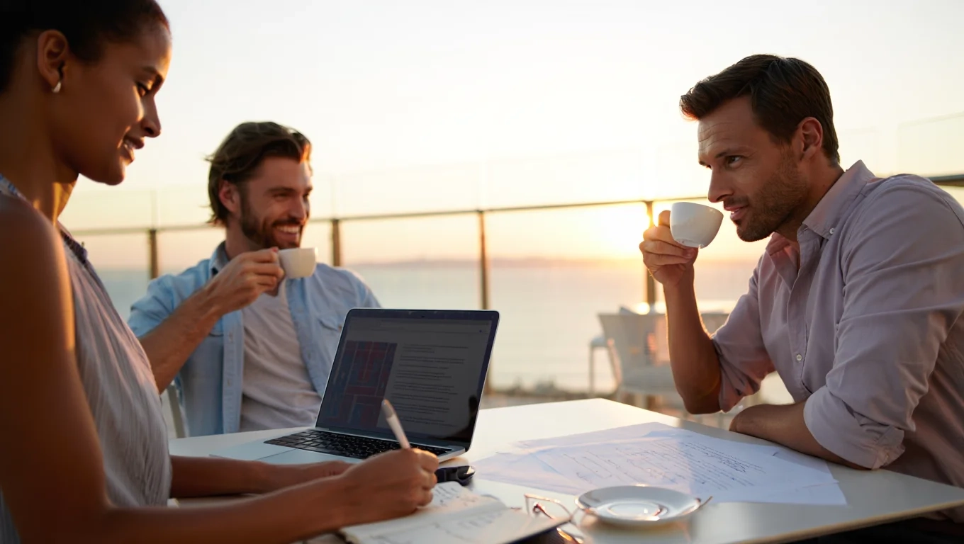 Trois jeunes adultes discutent autour d’un ordinateur portable et de documents sur une terrasse ensoleillée, ambiance détendue et élégante.