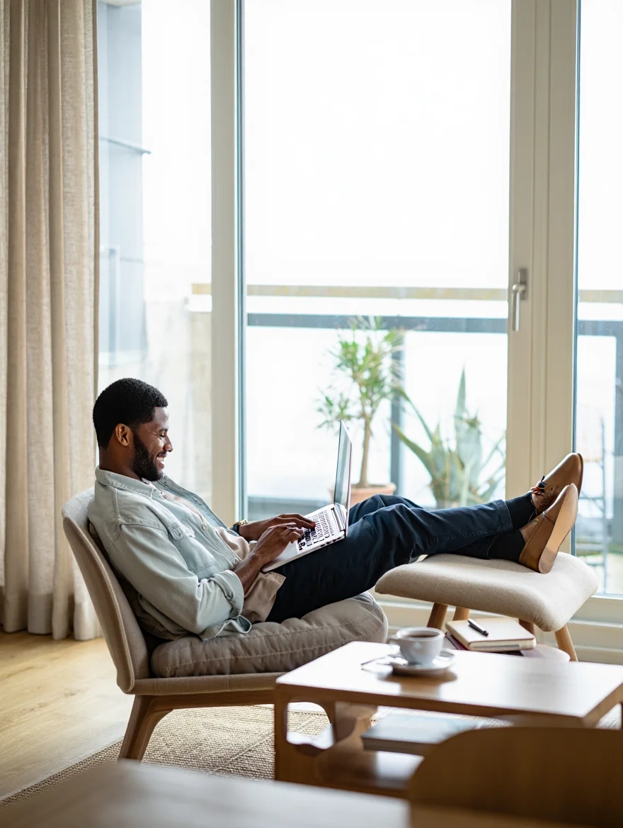 Homme détendu travaillant sur son ordinateur dans un salon moderne, symbole d’indépendance financière et de liberté de travailler à son rythme.