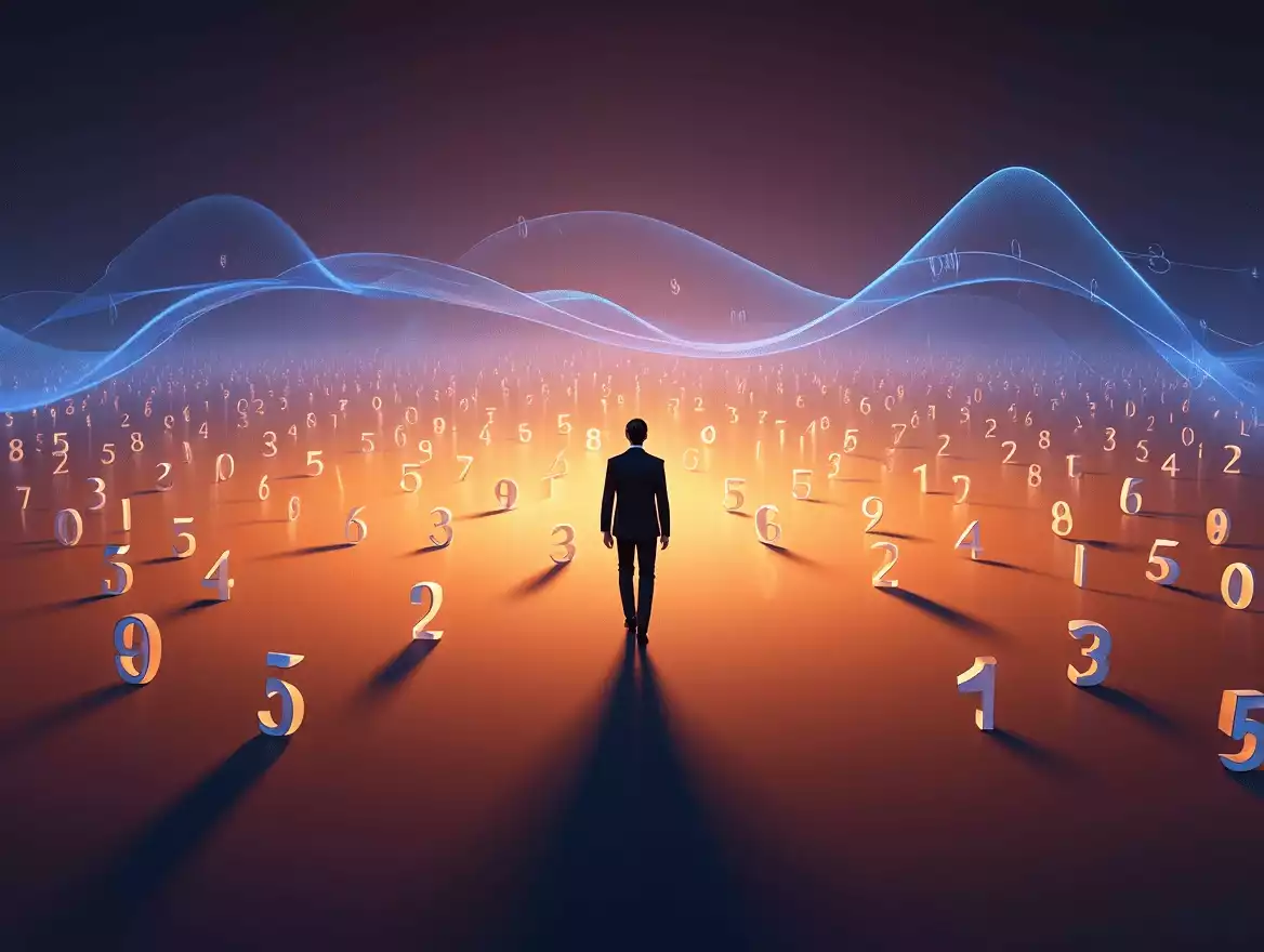 Personne avançant dans un univers rempli de chiffres, symbolisant la stratégie statistique dans l’univers du jeu